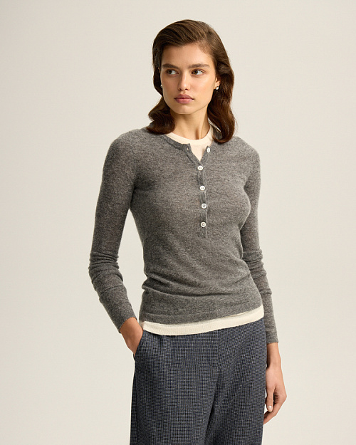 Шерстяной лонгслив на пуговицах, с эффектом многослойности, серый меланж