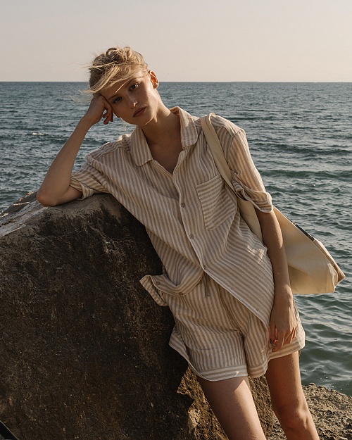 Рубашка Unisex из хлопкового муслина, в полоску, бежевый