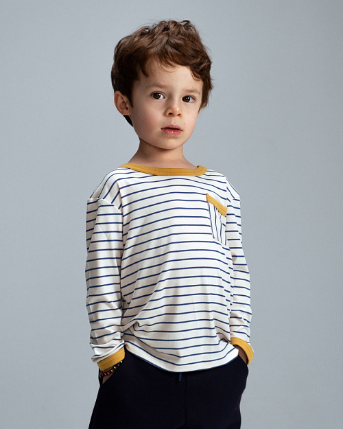 Детский лонгслив в полоску Unisex, из района, светло-бежевый, синяя полоска