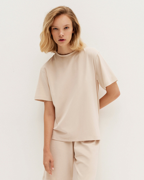 Свободная футболка из премиум-хлопка, с легким велюровым эффектом, бежевый