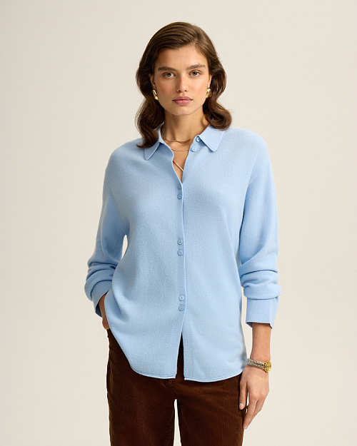 Трикотажная рубашка и кардиган, 2 в 1, из шерсти мериноса, голубой