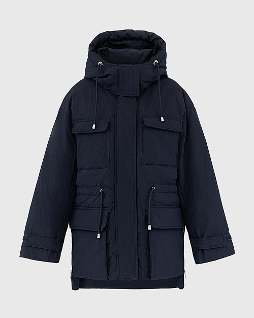 Пуховик парка с накладными карманами, темно-синий